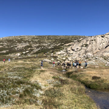 Venturers walking near Blue Lake, Snowy Mountains