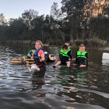 Floating on the team's handmade raft at Cubs